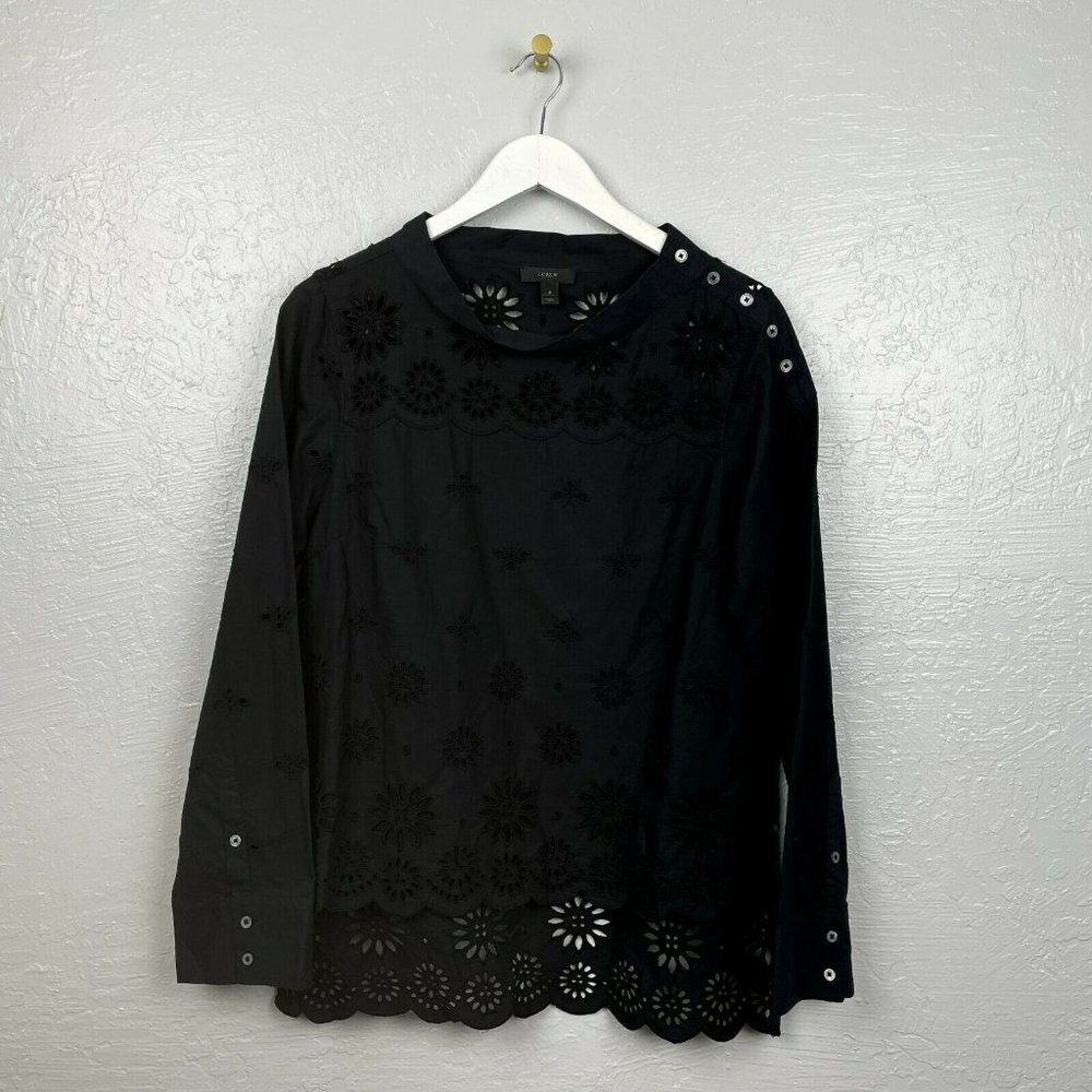 J Crew Size 6 Black Funnelneck Eyelet Shirt Daisy Bees Long Sleeve Button Hi Low